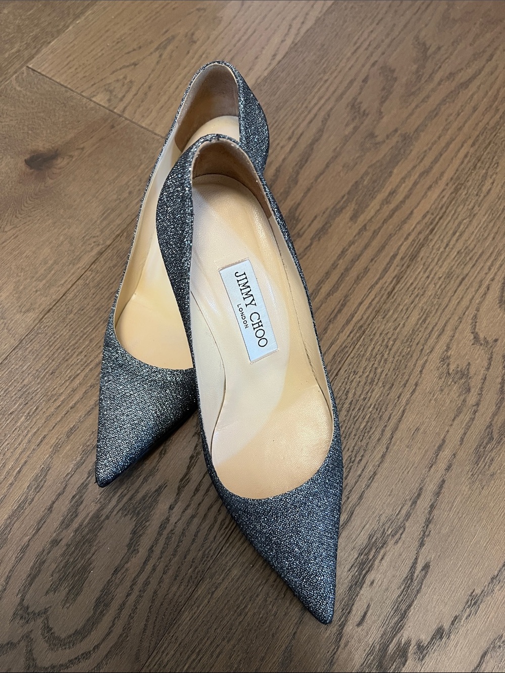 Jimmy Choo Silver Glitter Pointed-Toe Pumps
